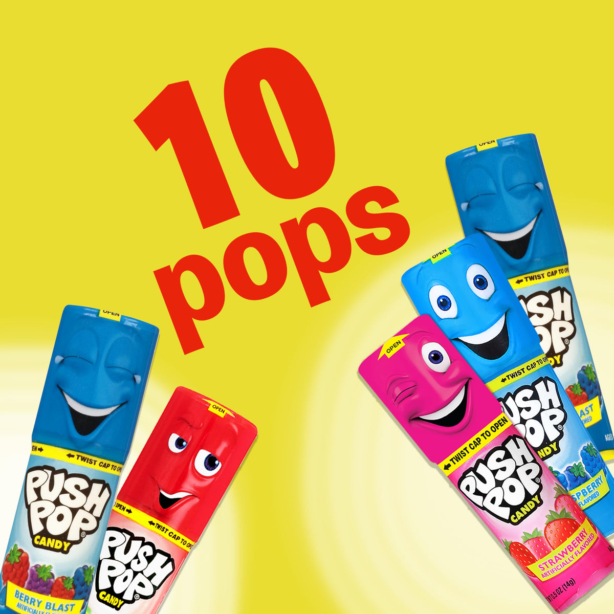Push Pop 10 individually wrapped lollipops for convenient on-the-go snacking.