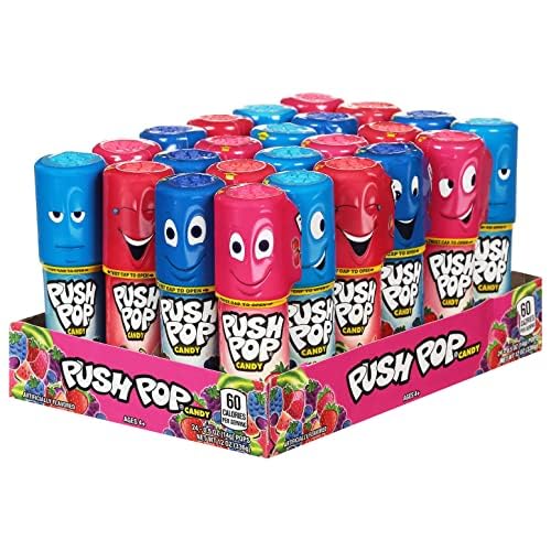 Push Pop 24-count assortment with four flavors—Strawberry, Blue Raspberry, Berry Blast, Watermelon.