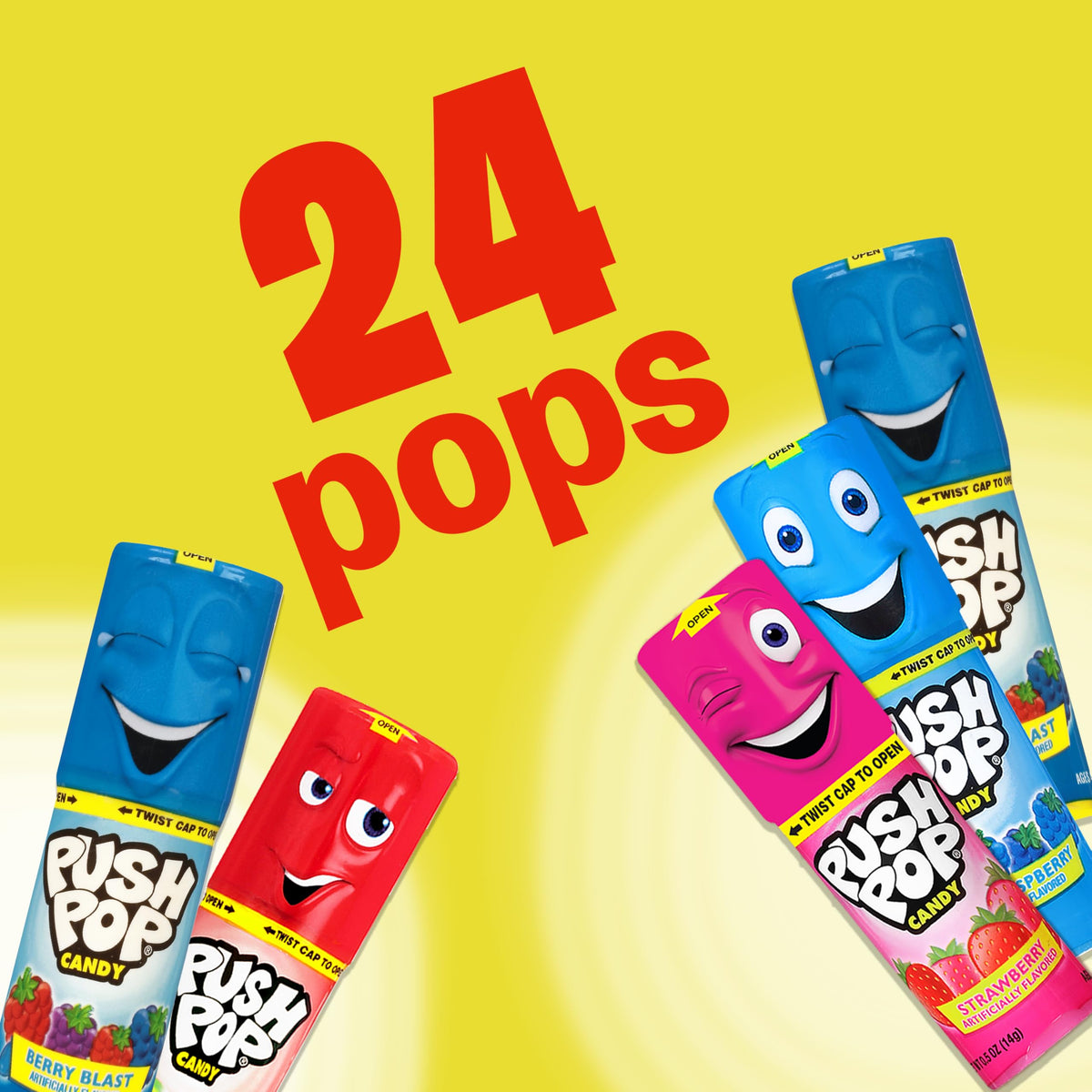 Push Pop 24-count lollipops, individually wrapped, ideal for filling goodie bags.