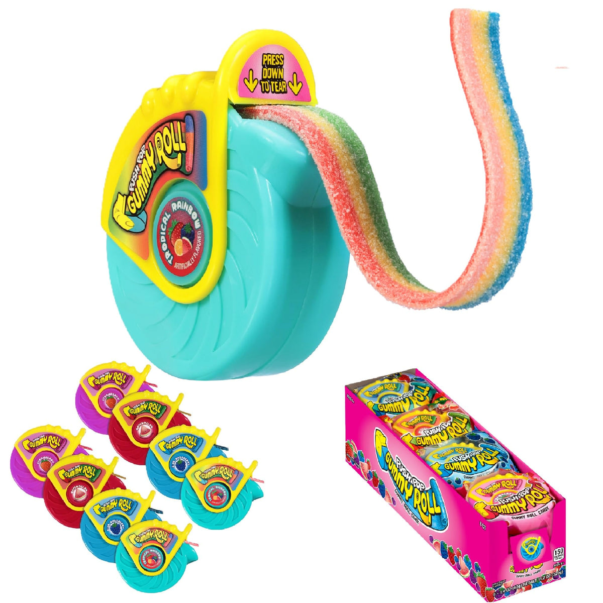 Push Pop Gummy Roll dispenser for easy, mess-free on-the-go snacking.