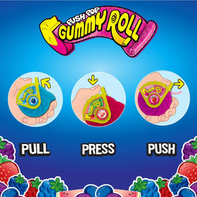 Push Pop Gummy Roll Tropical Rainbow flavor close-up with vibrant colors.