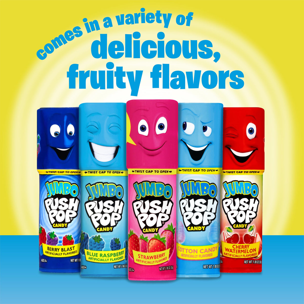 Push Pop jumbo lollipops with rugged cap for on-the-go snacking.
