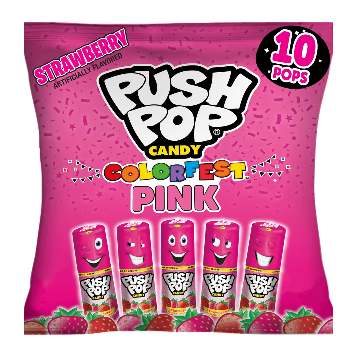 Push Pop Pink Colorfest lollipops in a pink canister, ideal for party favors.