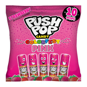 Push Pop Pink Colorfest lollipops in a pink canister, ideal for party favors.