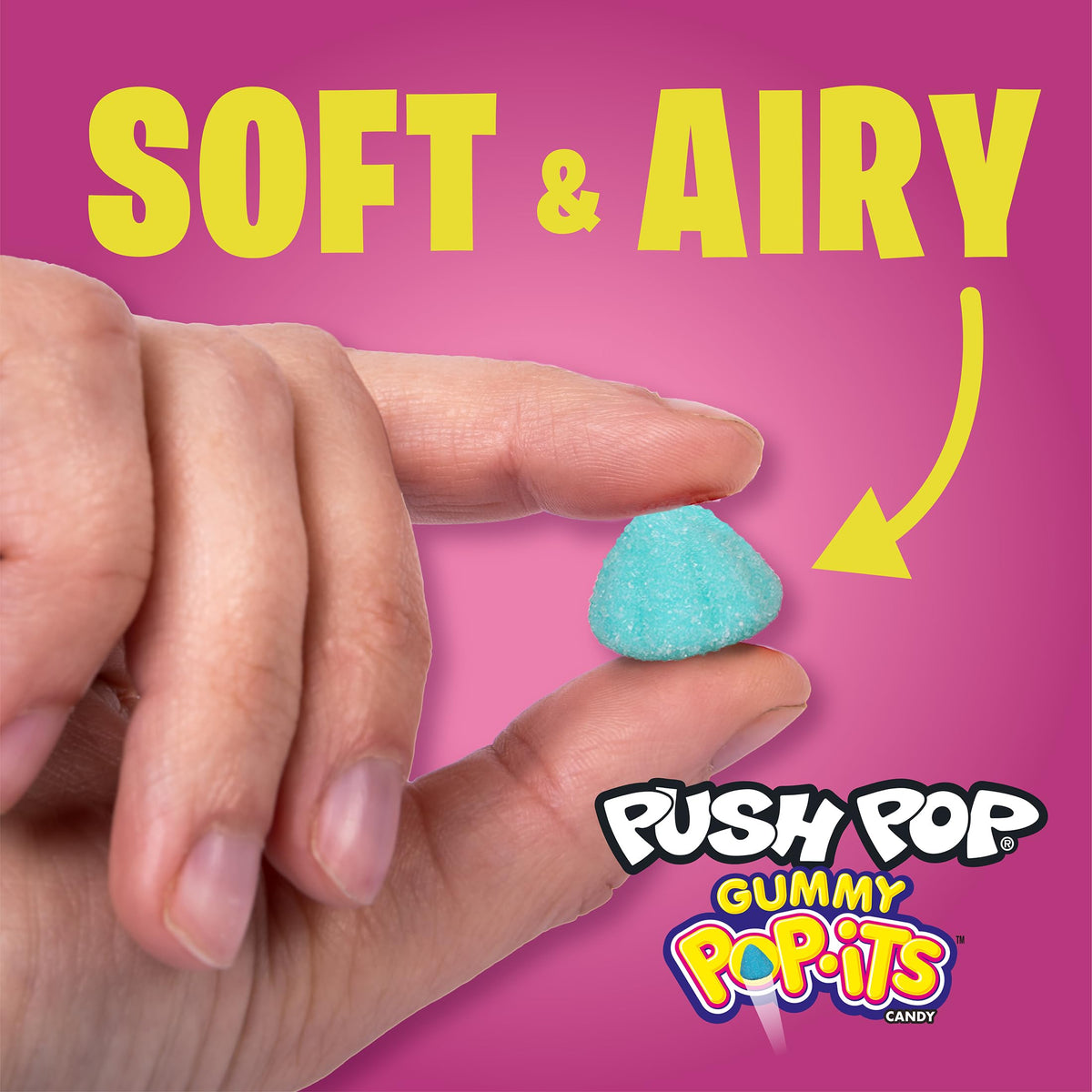 Push Pop Pop-Its cone-shaped gummies showcase soft, airy texture for snacking.