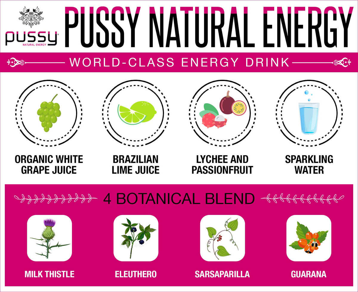 Pussy Natural Energy bottle back with ingredient list and origin notes