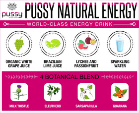 Pussy Natural Energy Drink 8-4oz can front view highlights compact, shareable packaging.