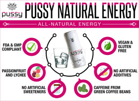 Pussy Natural Energy Drink closeup of ingredients with white grape juice and lime notes.