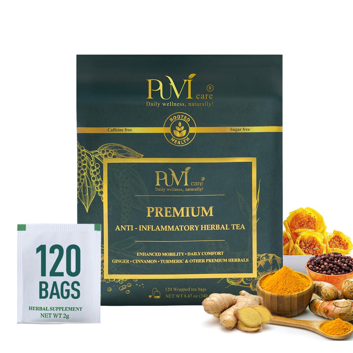PUVI Care turmeric ginger cinnamon tea bags offer a warm, caffeine-free comfort for any time of day