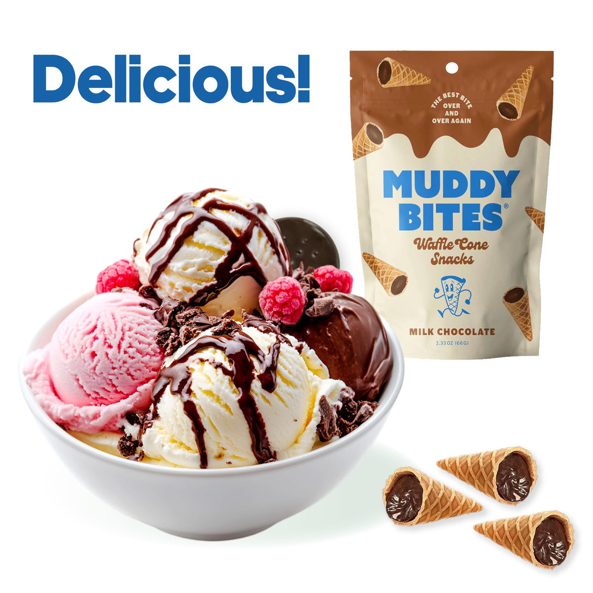 P&V Milk Chocolate Waffle Cone Snacks three-pack pouches ready for sharing.