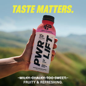 Close-up of PWR LIFT label showing keto-friendly protein and electrolytes
