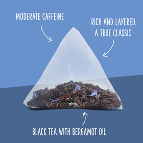 Two Leaves pyramid sachet seen while steeping to maximize infusion