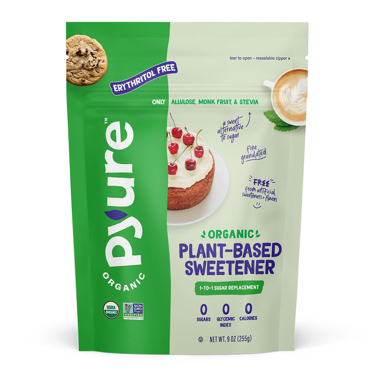 Pyure Organic allulose sweetener bottle pouring for sugar-free beverages