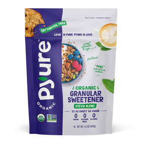 Pyure Organic Stevia Blend bottle shows sugar-like sweetness for baking and beverages.