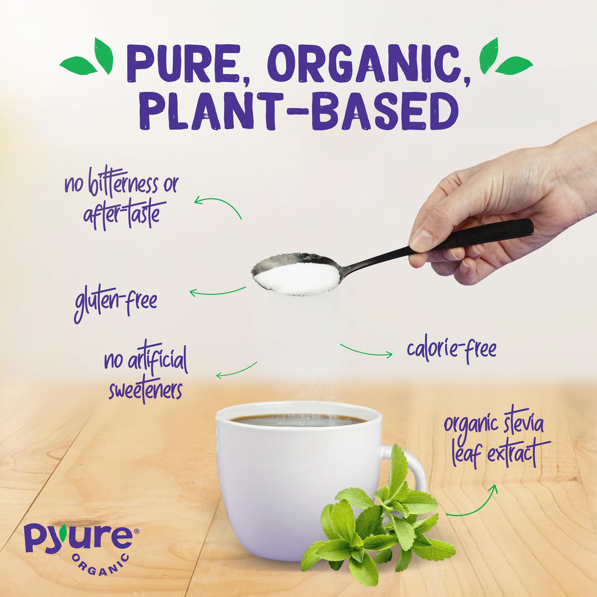 Pyure Organic Stevia Blend coffee cup highlights keto-friendly sweetness for morning beverages.