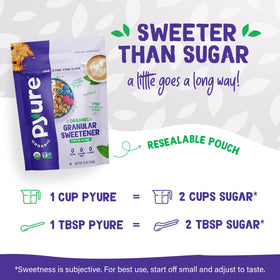 Granulated Pyure Organic Stevia Blend texture close-up for measurement and quick sweetening.