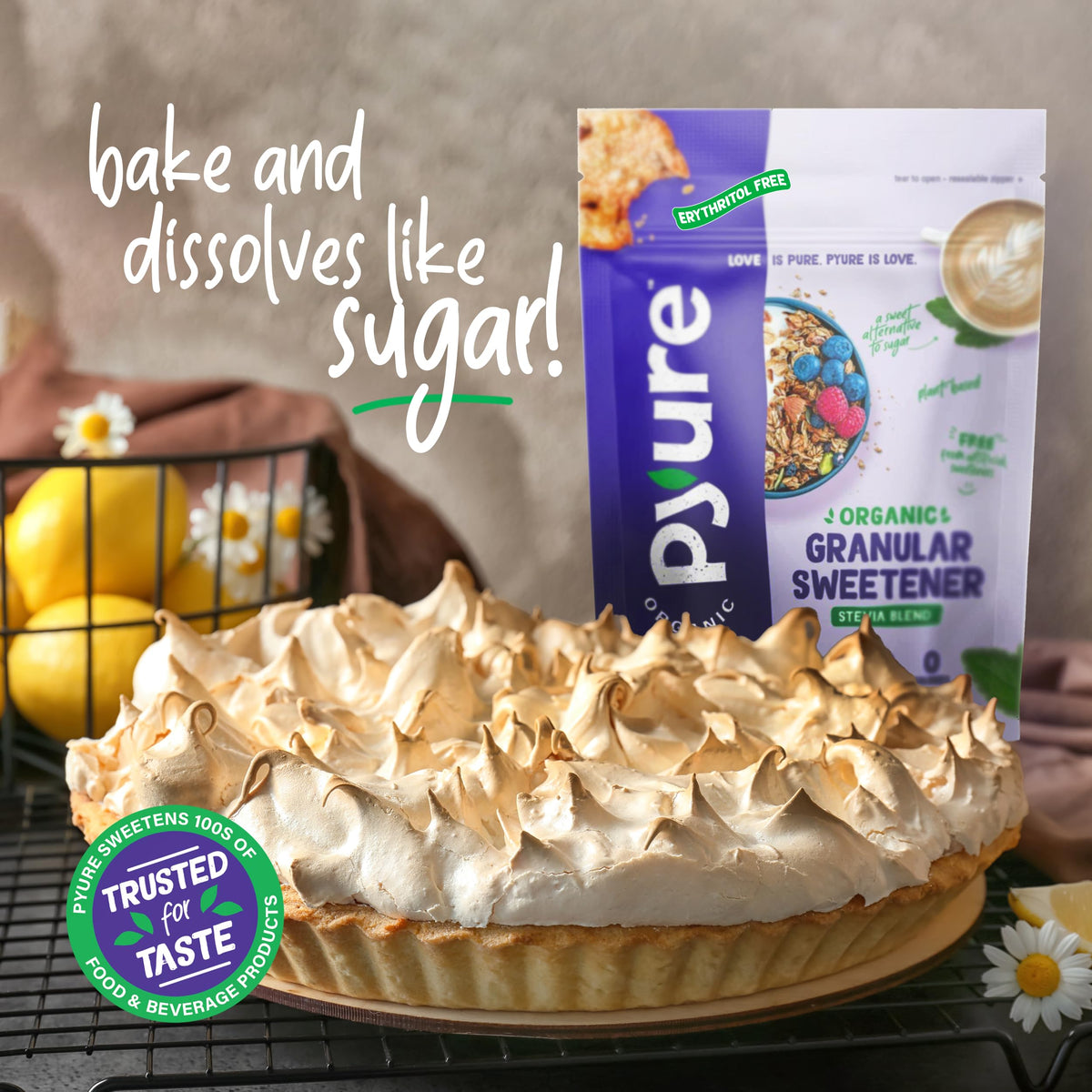 Pyure Organic Stevia Blend label highlights non-GMO status for clean ingredient choices.