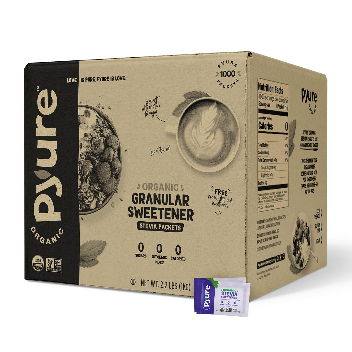 Pyure Organic Stevia Packets beside a steaming coffee cup for keto-friendly sweetness.