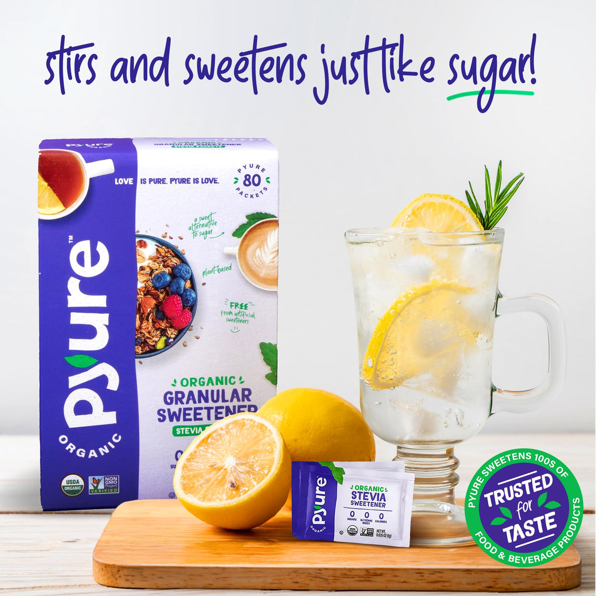 Pyure Organic Stevia Packets shown as a diabetic-friendly sweetener option.