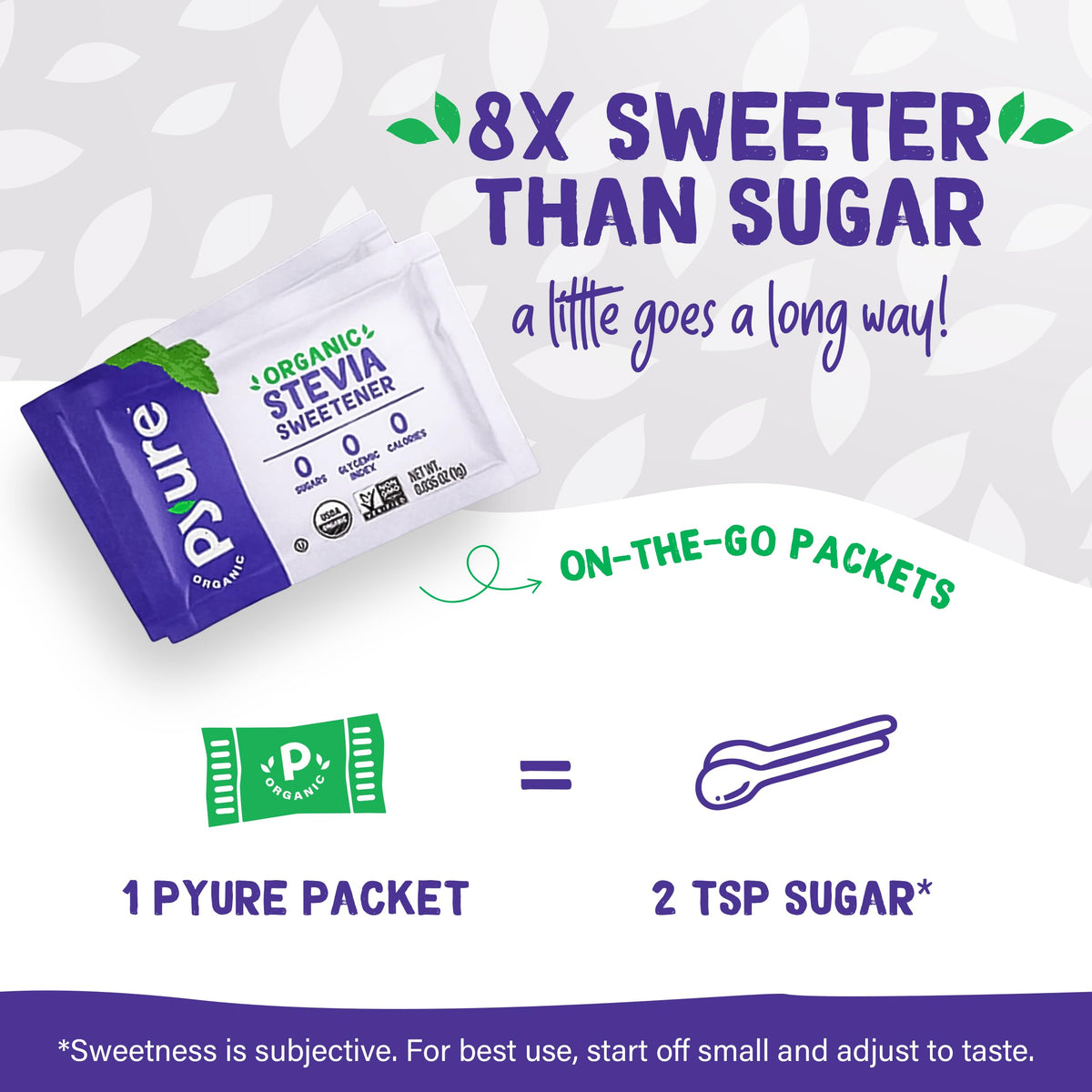 Pyure Organic Stevia Packets with a glass of iced tea for zero-calorie sweetness.