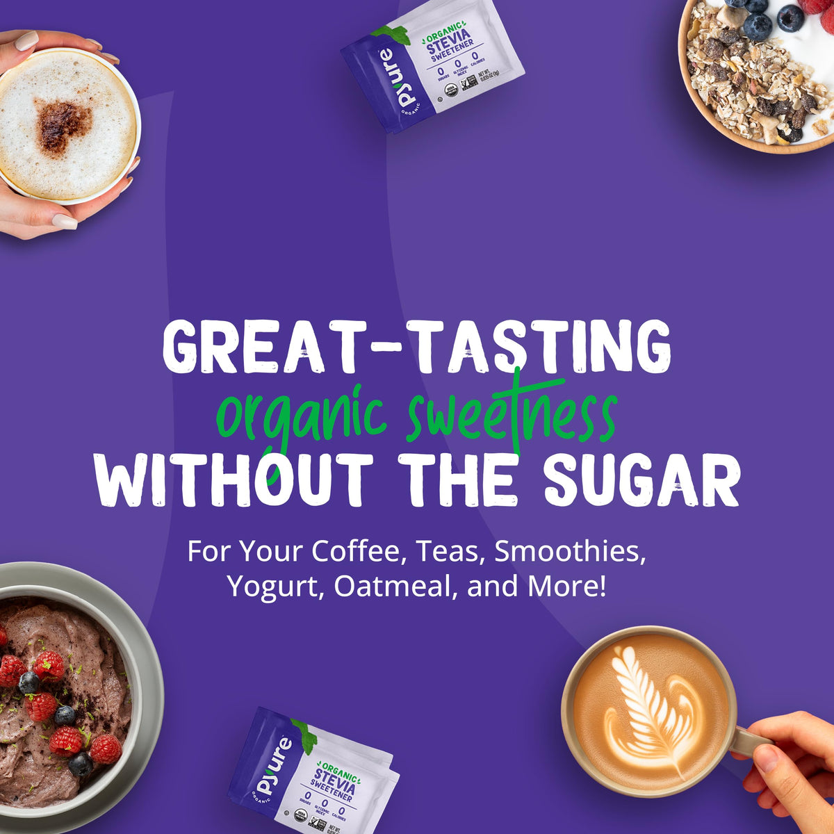 Pyure Organic Stevia Packets in a kitchen drawer for quick daily sweetening.