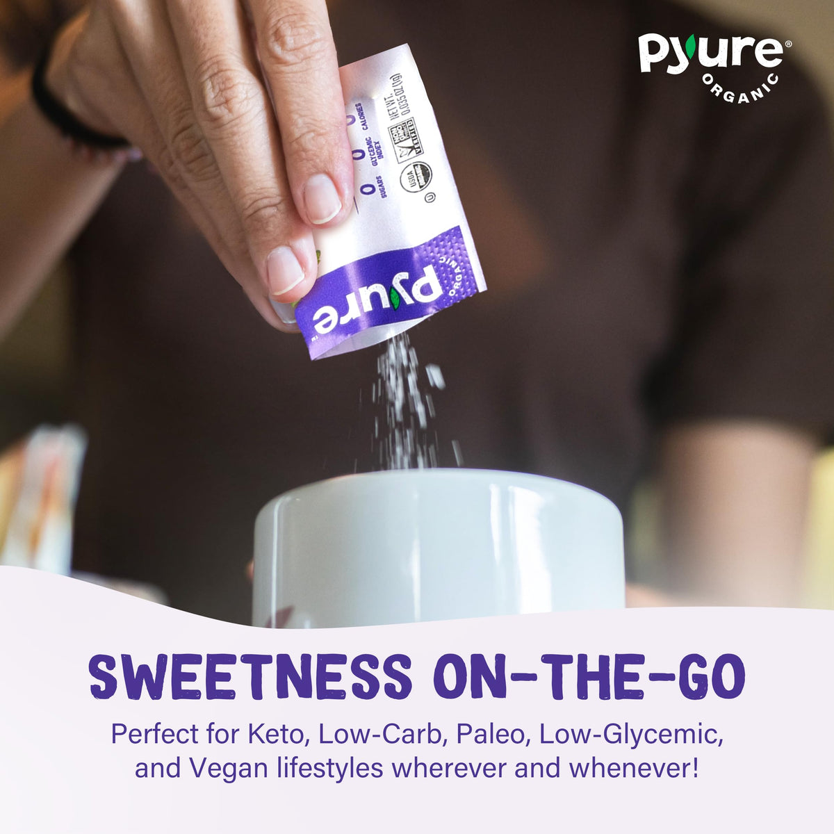 Pyure Organic Stevia Packets stacked in a pantry for sugar-free living.
