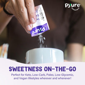 Pyure Organic Stevia Packets stacked in a pantry for sugar-free living.