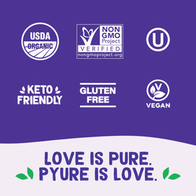 Pyure Organic Stevia Packets beside a USDA Organic label for clean ingredients.