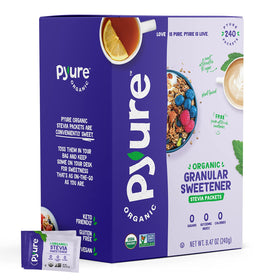 Pyure Organic Stevia Packets packaging front with zero calorie sweetness.
