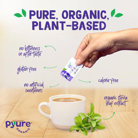 Pyure Stevia Packets in a tea mug illustrating versatile hot beverage sweetness.