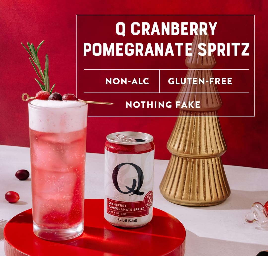 Q Mixers Cranberry-Pomegranate Spritz ingredients close-up highlighting real fruit notes.