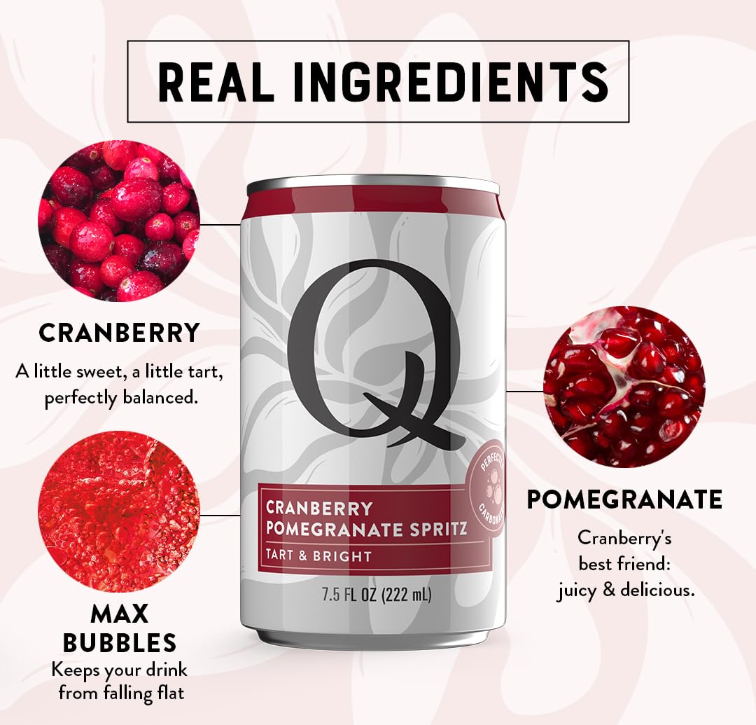 Q Mixers Cranberry-Pomegranate Spritz poured into a glass for festive mocktails.