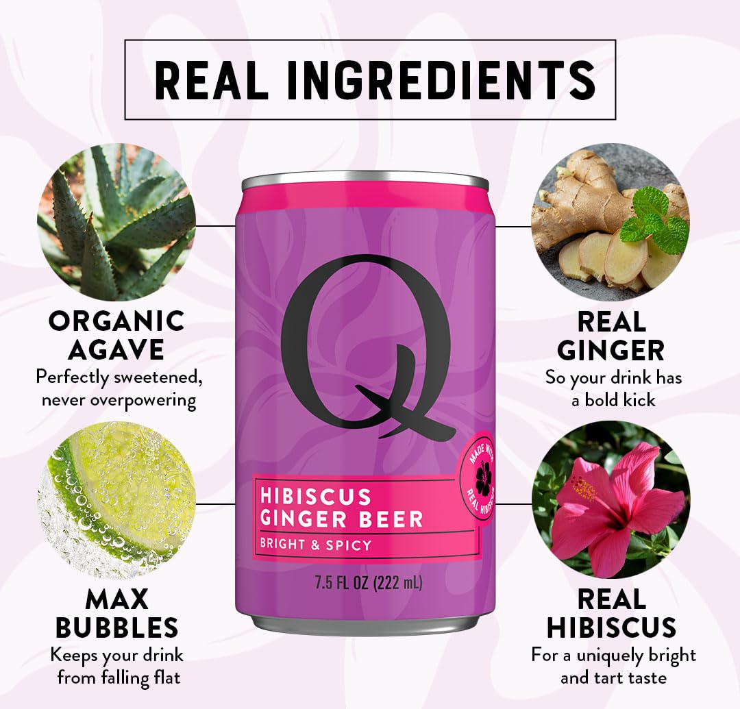 Hibiscus blossoms near the can hint floral notes in drinks.