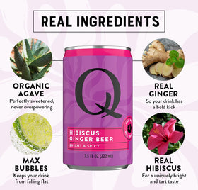 Hibiscus blossoms near the can hint floral notes in drinks.