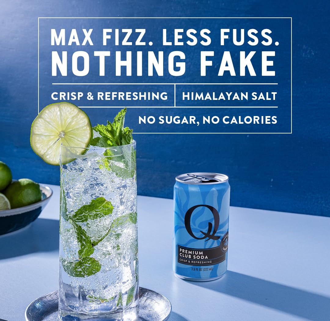 Q MIXERS Q CLUB SODA sugar-free bubbles in a can.