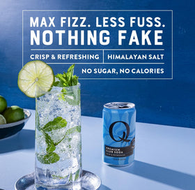 Q MIXERS Q CLUB SODA sugar-free bubbles in a can.