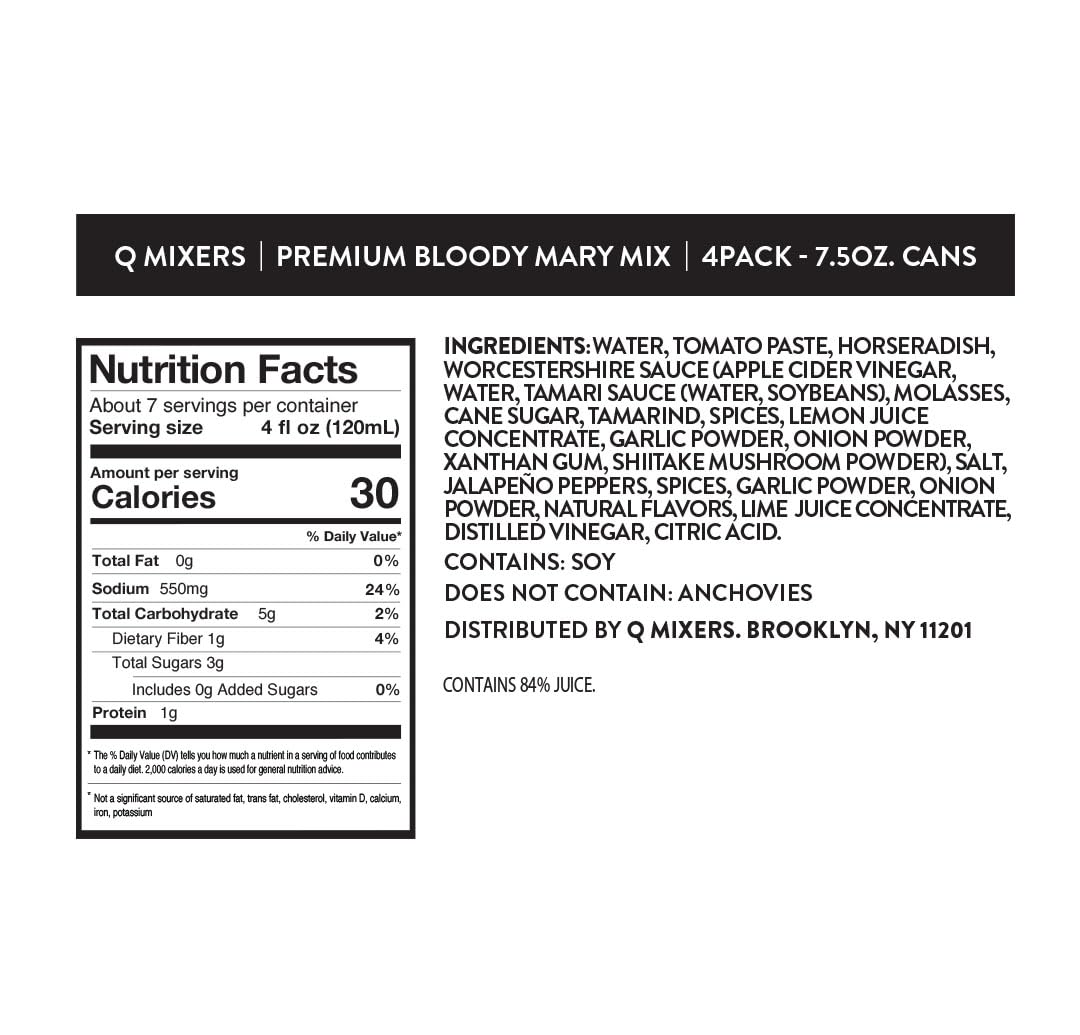 Q MIXERS tomato-based blend with vine-ripened tomatoes, highlighting fresh ingredients.