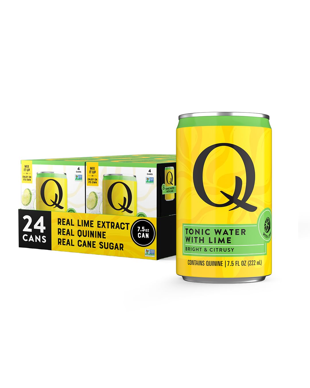 Q Mixers tonic water with lime bottle front highlighting real ingredients and fizz