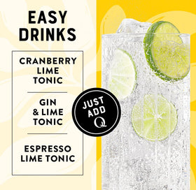 Q Mixers tonic water with lime can closeup emphasizing natural quinine and sugar cane