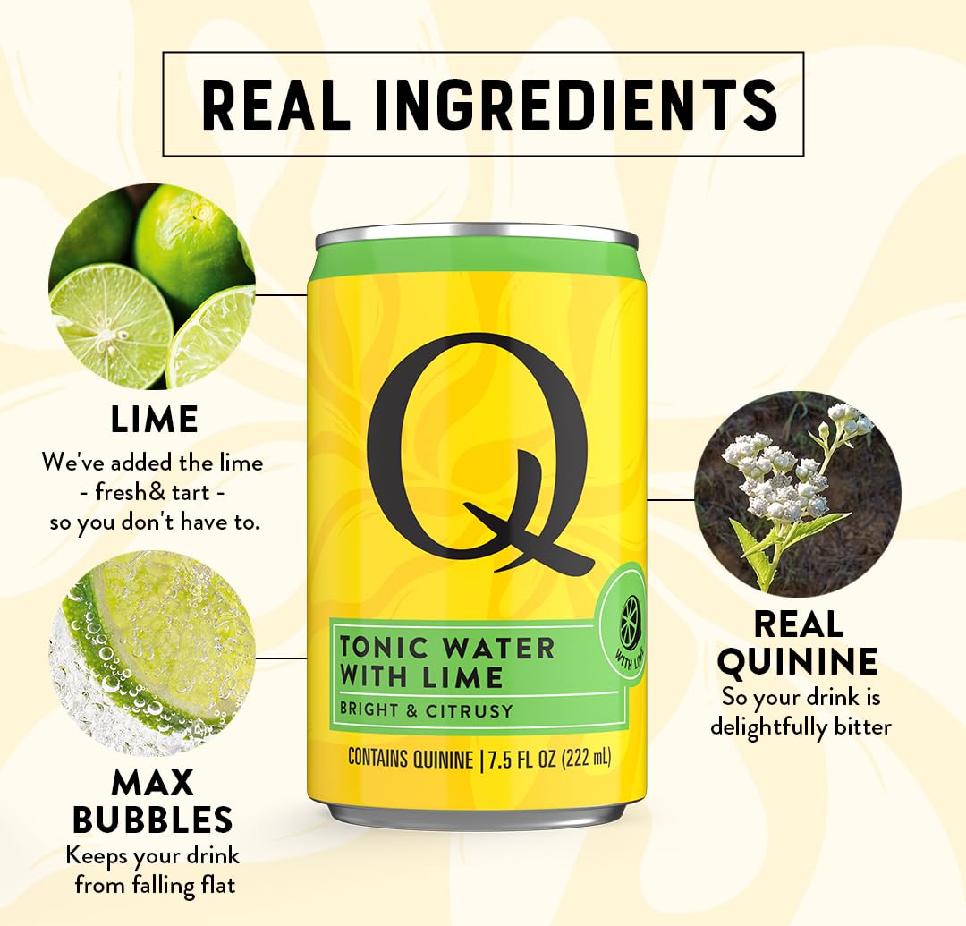 Q Mixers tonic water with lime label closeup highlights 7.5oz can design and real ingredients