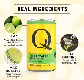 Q Mixers tonic water with lime label closeup highlights 7.5oz can design and real ingredients