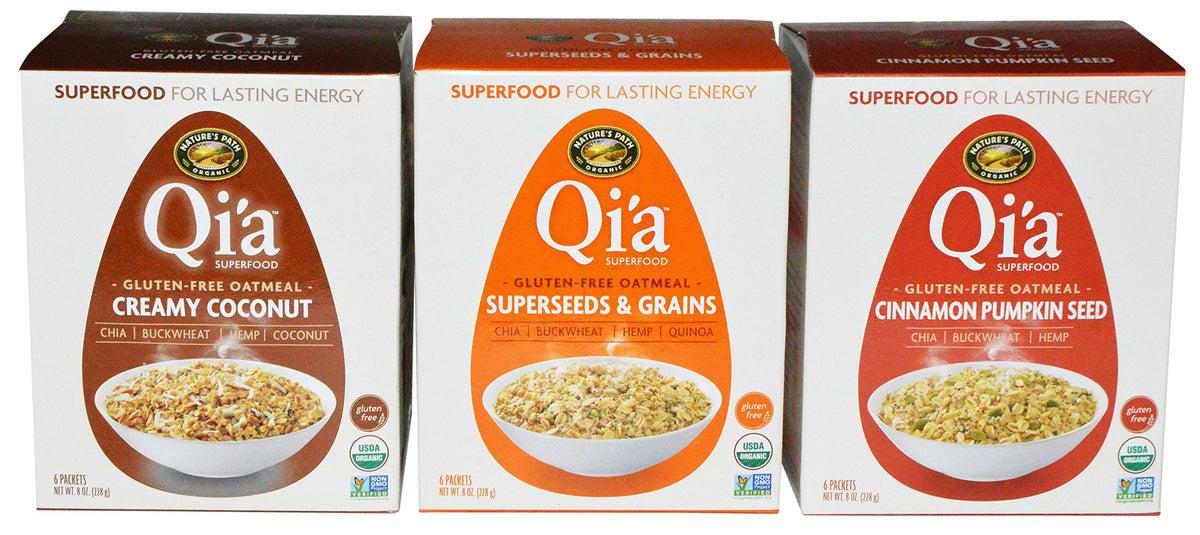 Qia gluten-free oatmeal variety pack three—convenient gluten-free breakfast option.