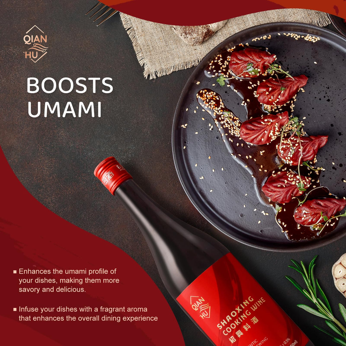 Qian Hu Shaoxing Wine enhances stir-fries with authentic flavor.