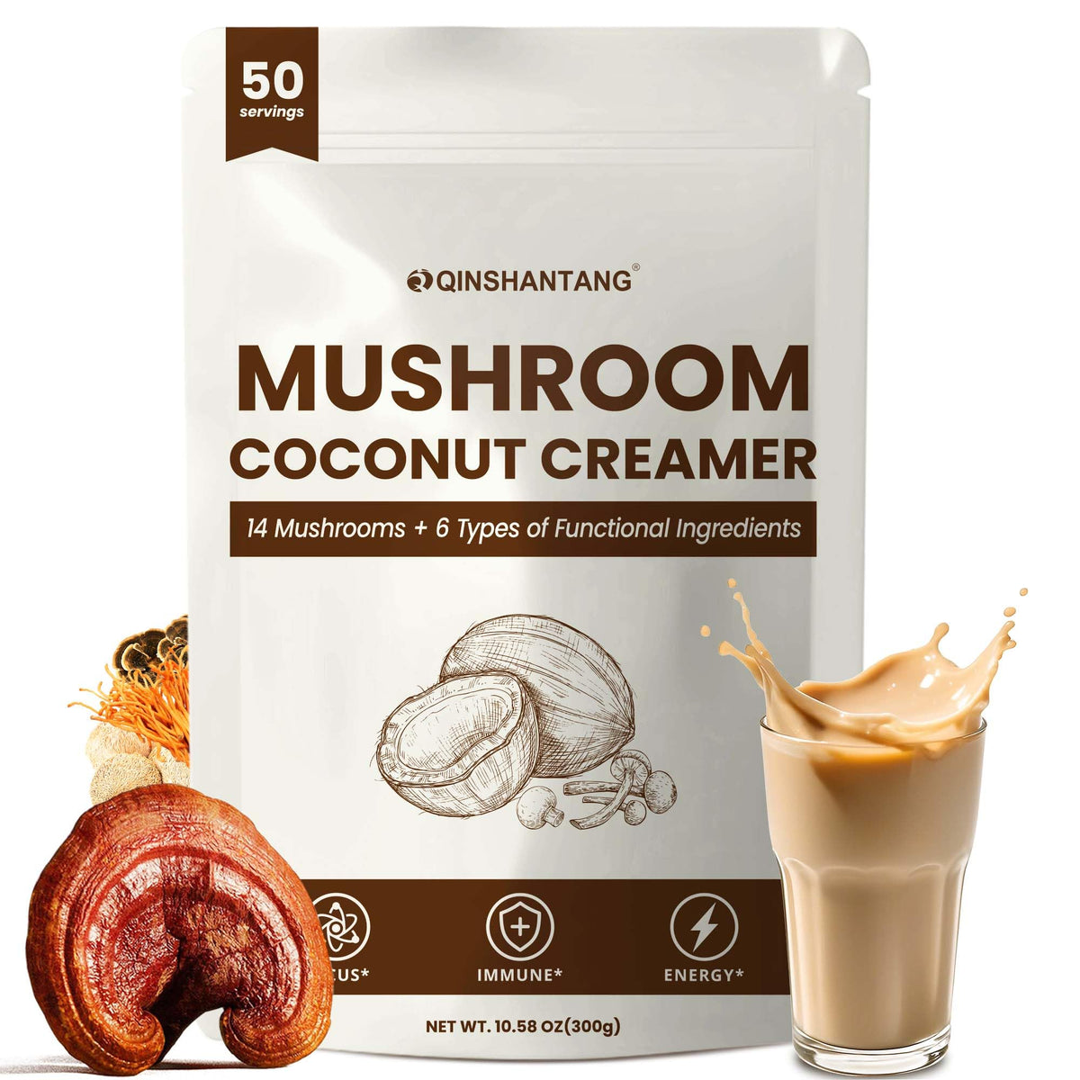 QIN SHAN TANG bottle front displays 20-in-1 mushroom blends for energy