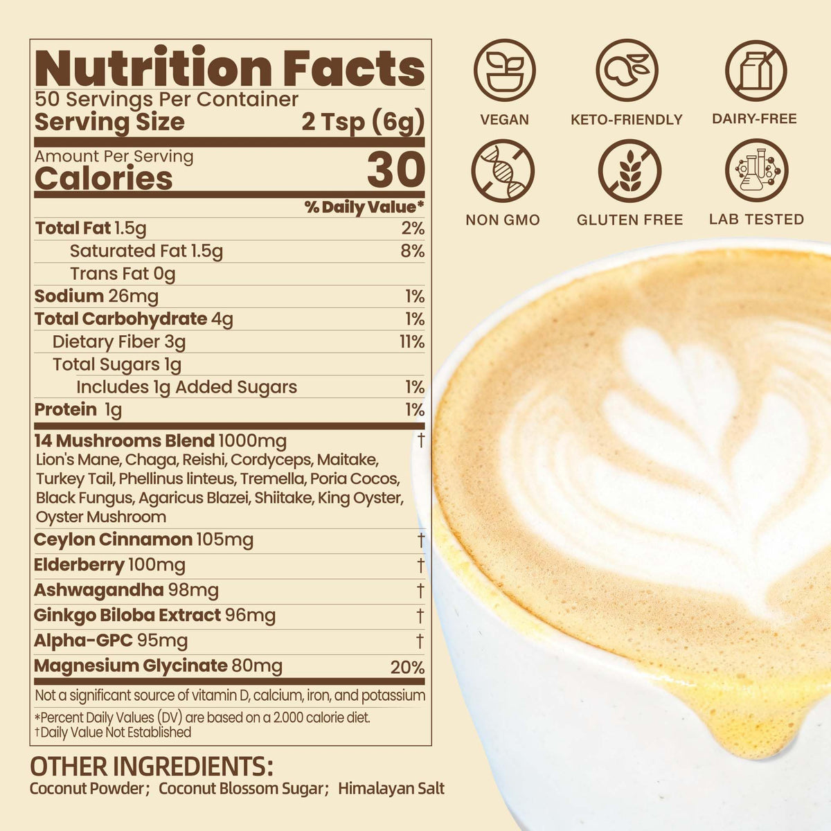 Cup with coffee and creamer showing coconut-based texture and latte look