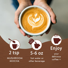 QIN SHAN TANG Mushroom Mocha label suggests easy recipe for hot or iced drinks.