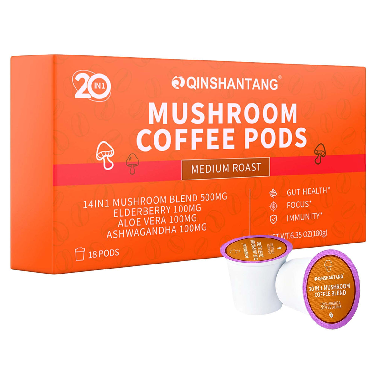 QIN SHAN TANG mushroom coffee K-Cup box with 18 pods for quick daily energy