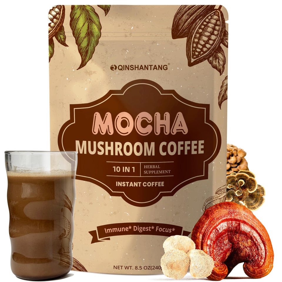 QIN SHAN TANG Mushroom Mocha cup steams for an energizing morning ritual.