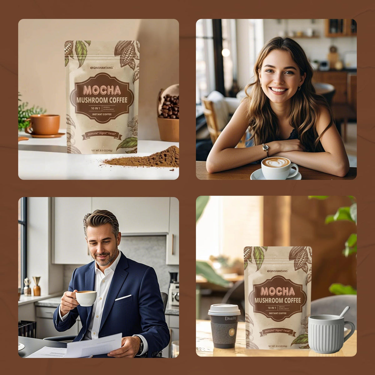 QIN SHAN TANG Mushroom Mocha serving cup shows convenient 2 tsp preparation.