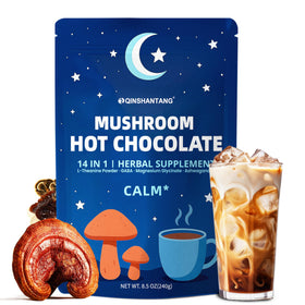 QIN SHAN TANG Mushroom Hot Chocolate cup with steam and calming cacao aroma.